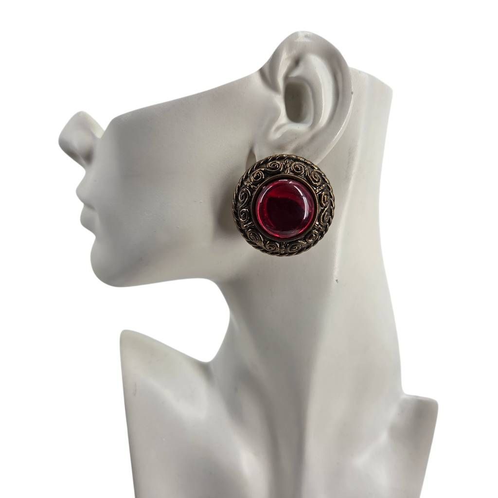 Vintage 1980s Red Cabochon Clip-On Earrings Gold Tone 1.63”